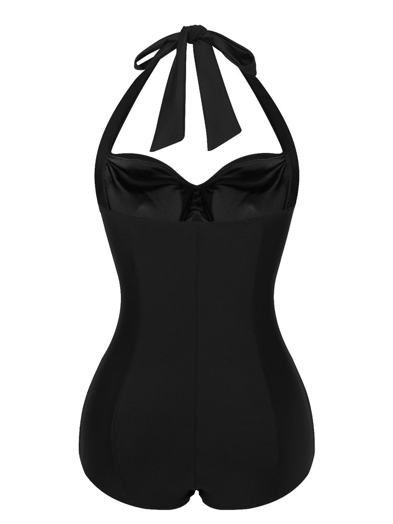 Schwarz 1950er Solide Halter Falten Badeanzug