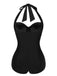 Schwarz 1950er Solide Halter Falten Badeanzug