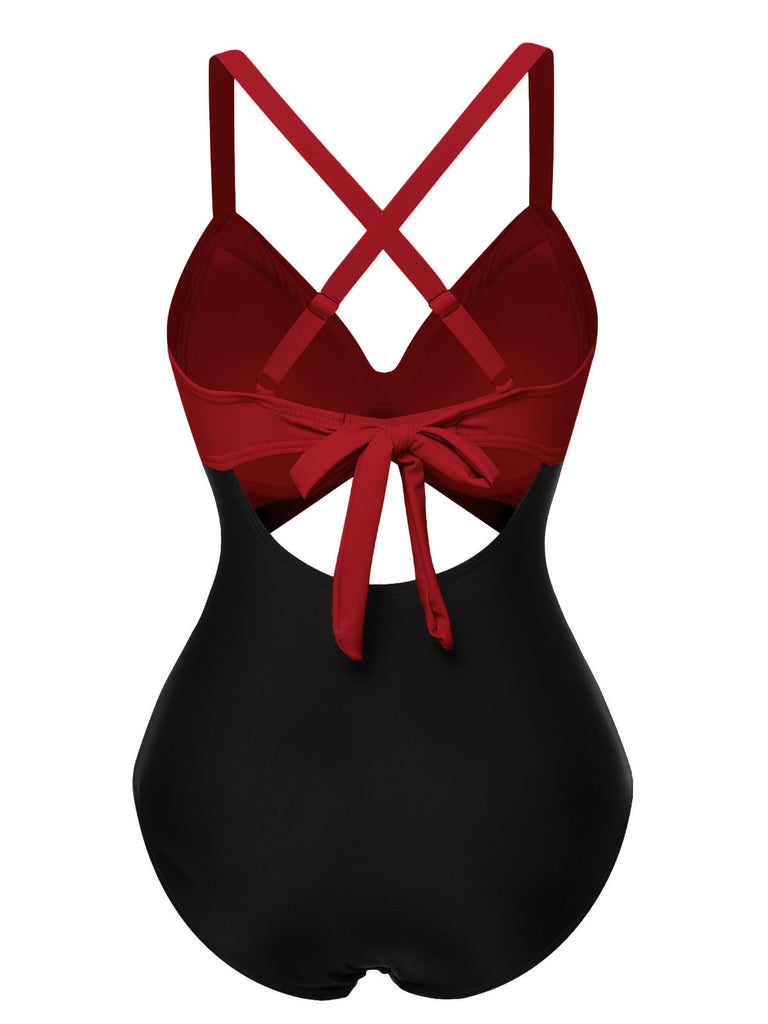 Grün & Schwarz 1940er Hohl Taillen Patchwork Badeanzug