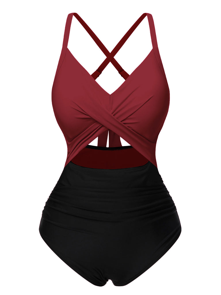 Grün & Schwarz 1940er Hohl Taillen Patchwork Badeanzug