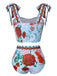 Multicolor 1960er Gurt Blumen Badeanzug