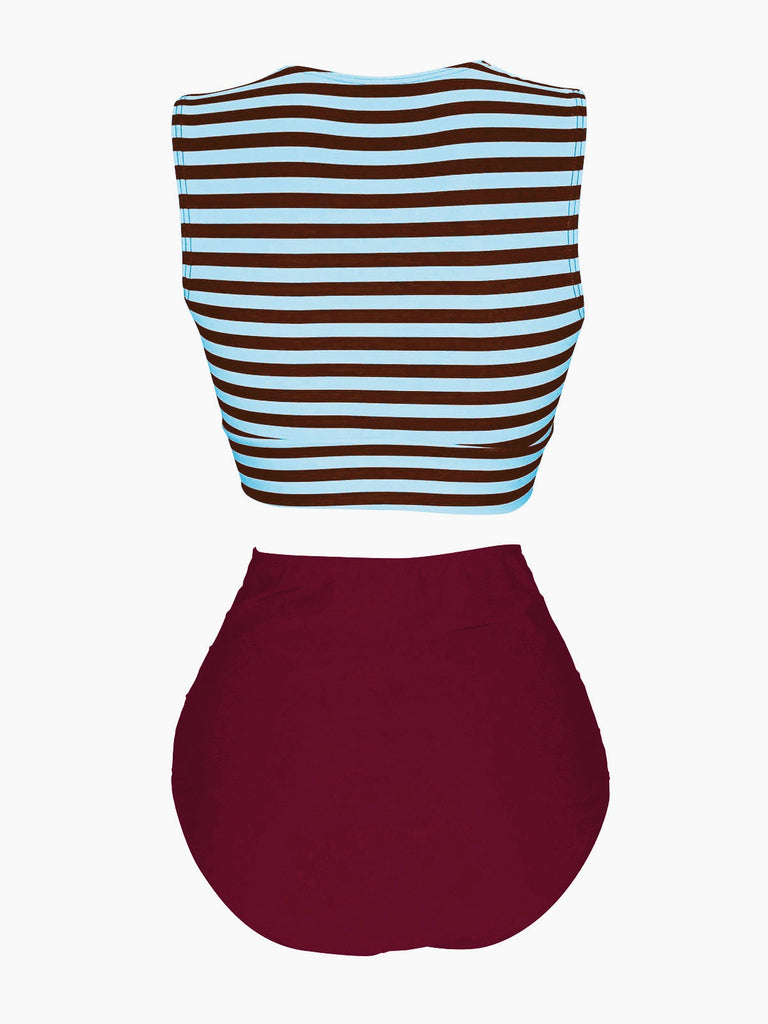 Blau & Rot 1970er Streifen Taille Binden Patchwork Badeanzug