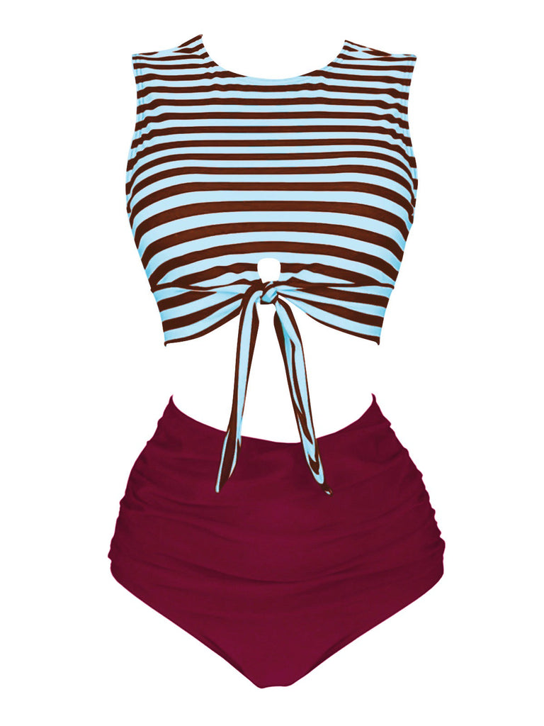 Blau & Rot 1970er Streifen Taille Binden Patchwork Badeanzug