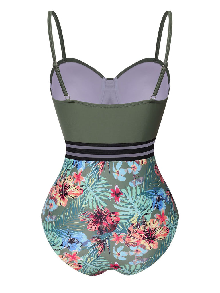 Grün 1970er Tropisch Patchwork Gurt Badeanzug