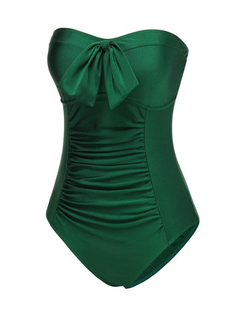 Dunkelgrün 1970er Solide Plissiertes Bandeau Badeanzug