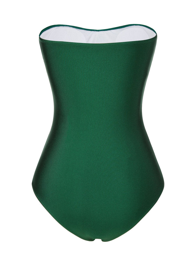 Dunkelgrün 1970er Solide Plissiertes Bandeau Badeanzug
