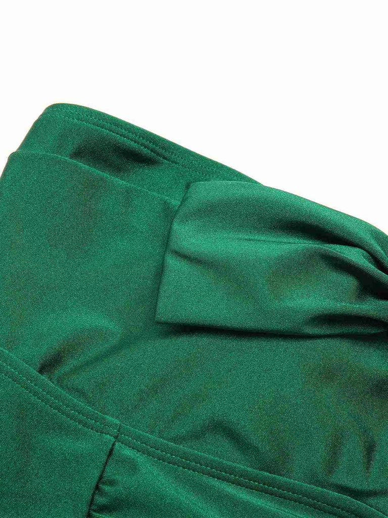 Dunkelgrün 1970er Solide Plissiertes Bandeau Badeanzug