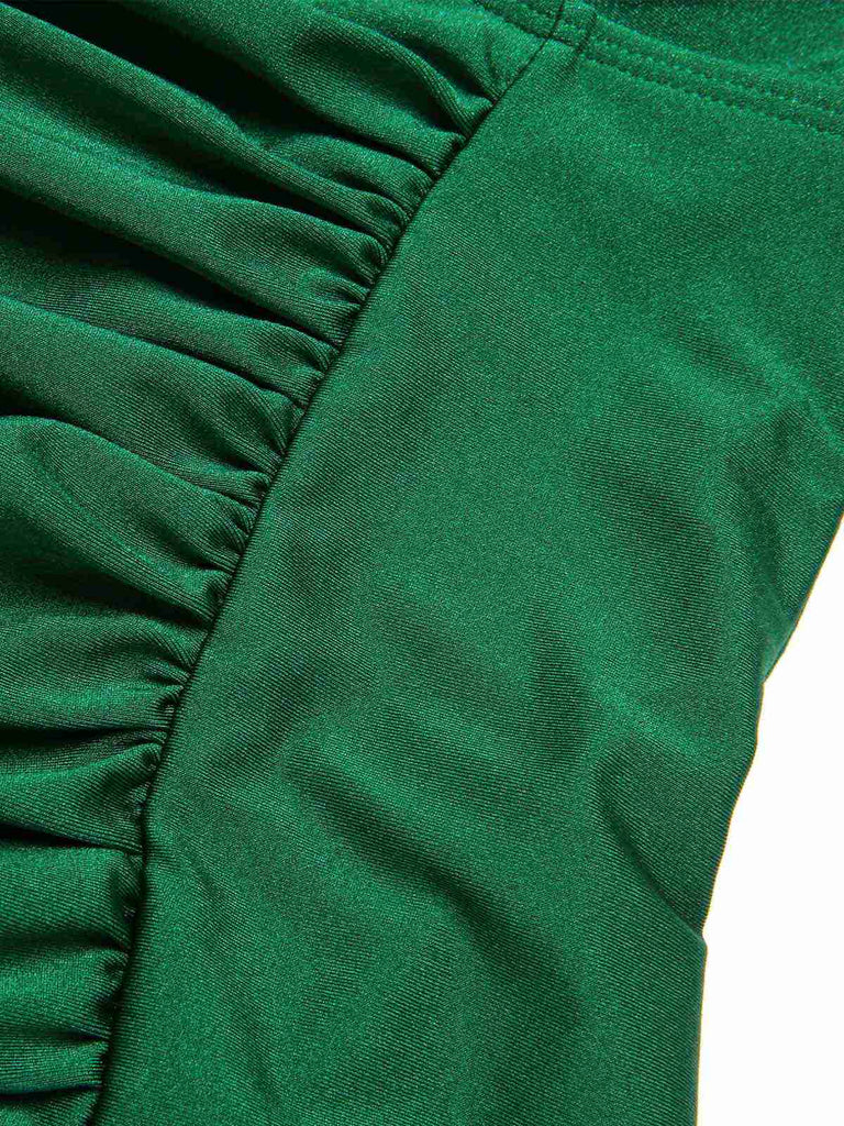 Dunkelgrün 1970er Solide Plissiertes Bandeau Badeanzug