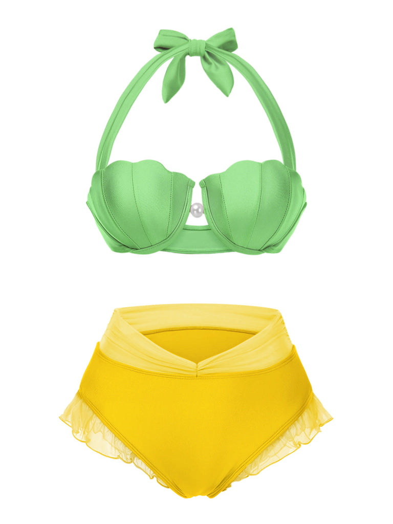 Gelb 1970er Meerjungfrau Hülse Halter Bikini Set