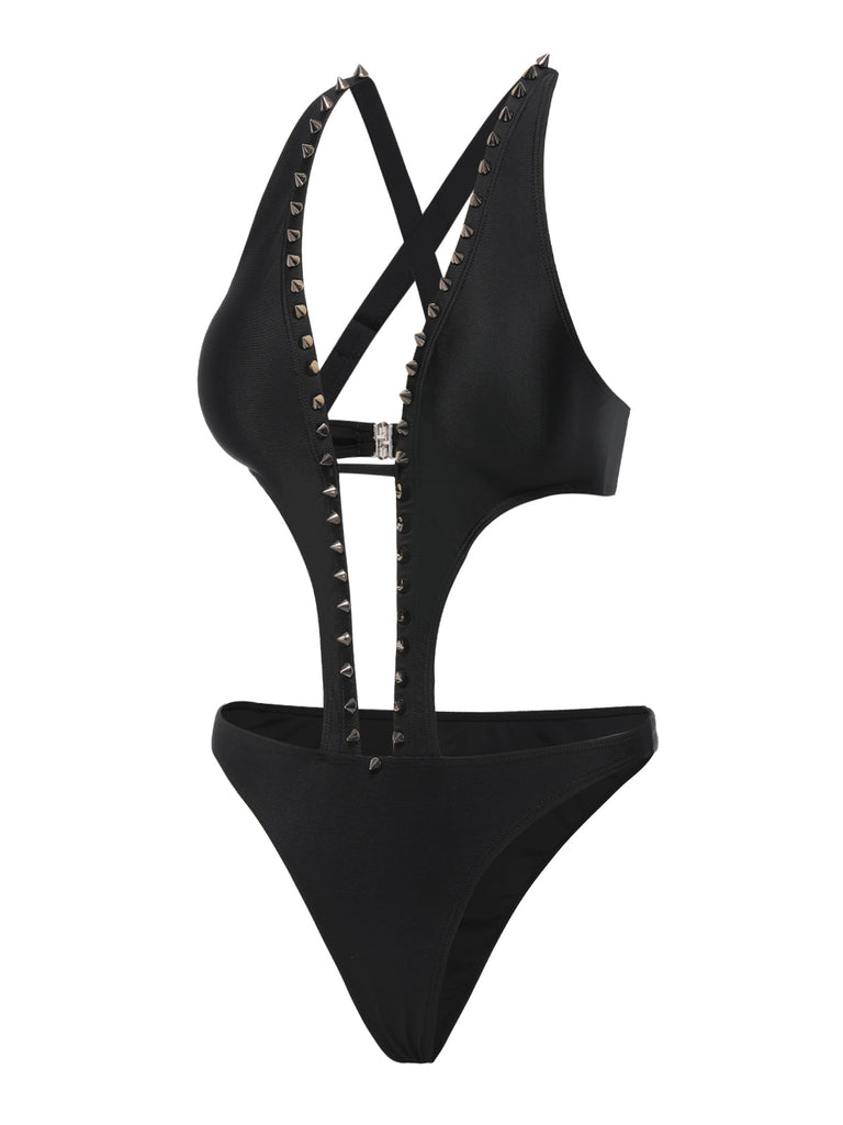 Schwarz 1970er Besetzt Cutout Einteiliger Badeanzug