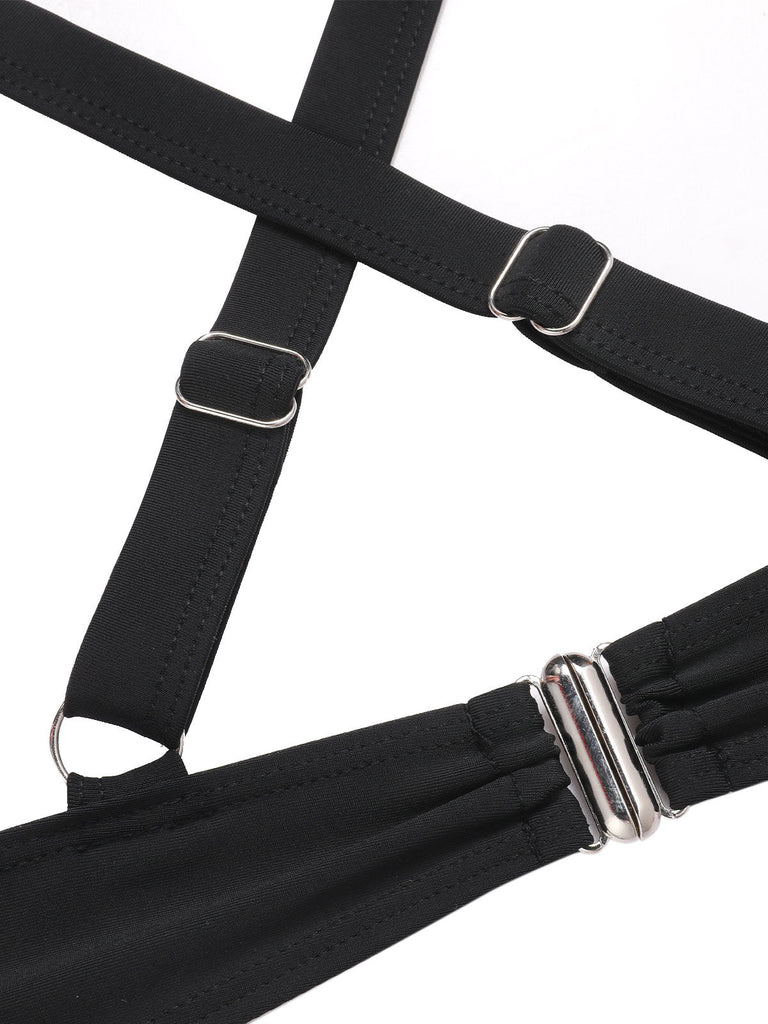 Schwarz 1970er Besetzt Cutout Einteiliger Badeanzug