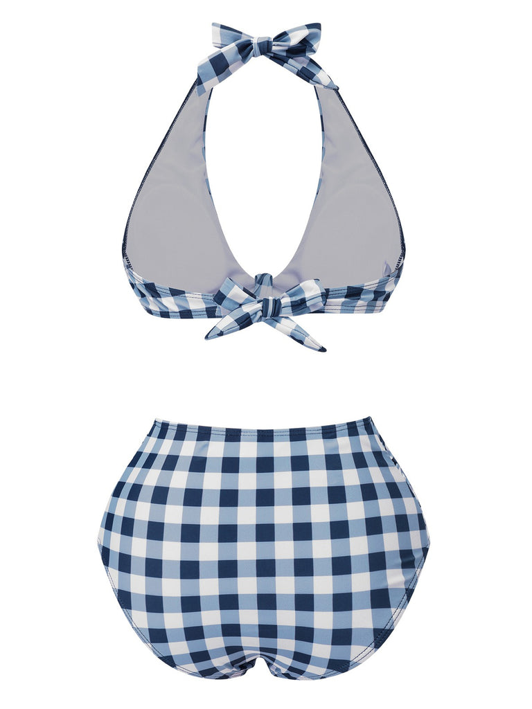 Blau 1950er Halter Hohe-Taille Plaids Badeanzug