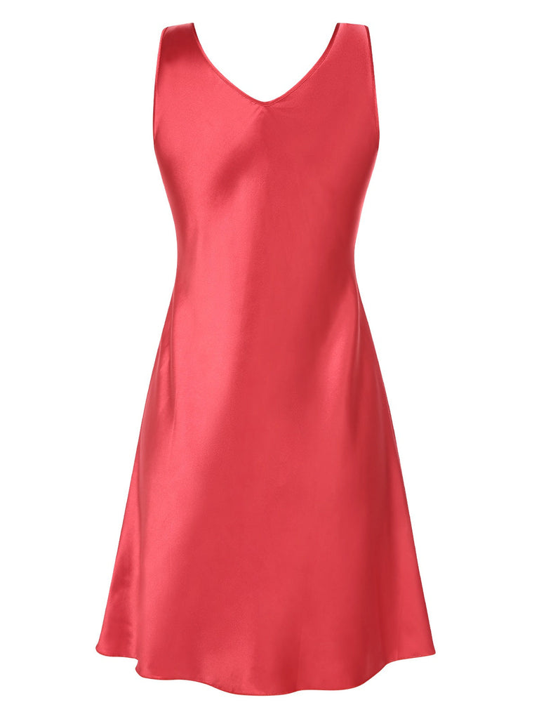 Rot 1960er Besticktes Spitze Patchwork Satin Nachthemd