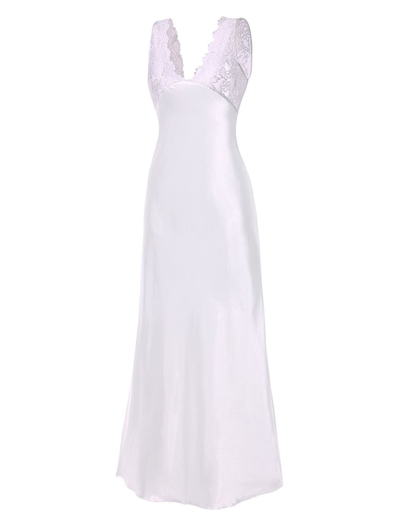 1930er Spitze Hohl Satin Patchwork V-Ausschnitt Nachthemd