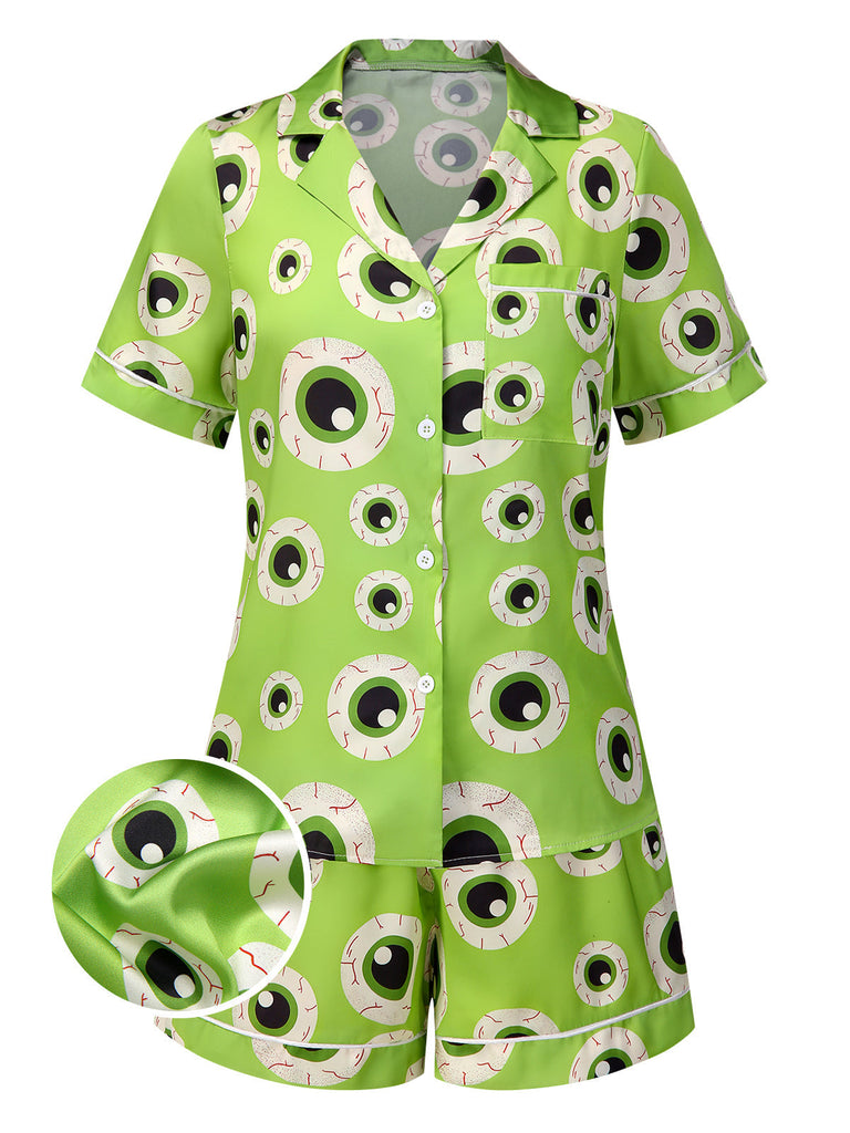 Grün 1970er Halloween Augapfel Revers Pyjama Set