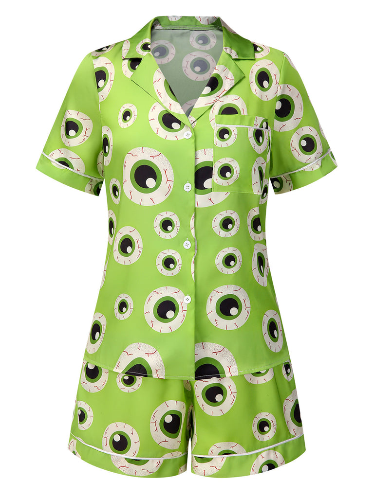 Grün 1970er Halloween Augapfel Revers Pyjama Set