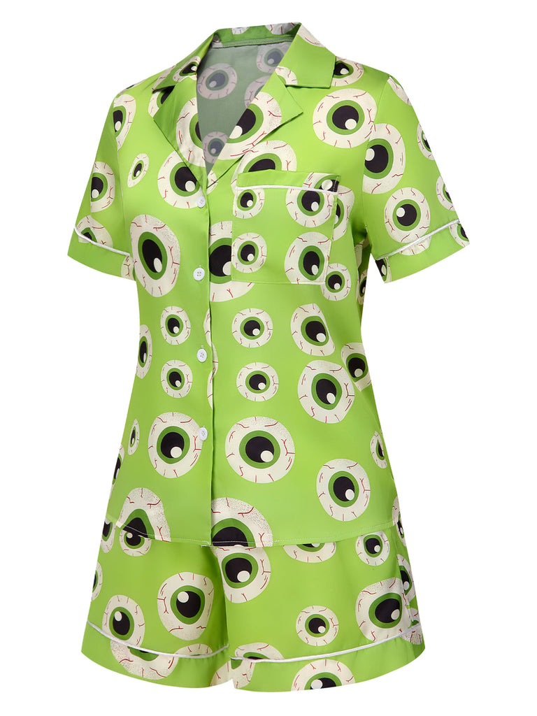 Grün 1970er Halloween Augapfel Revers Pyjama Set