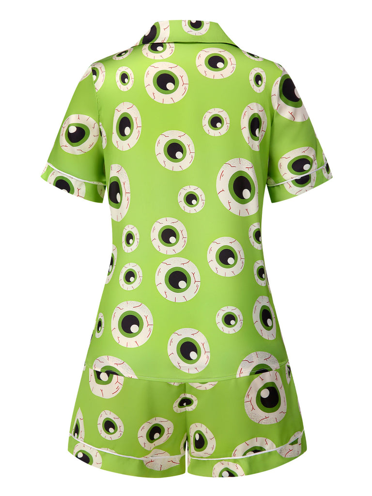 Grün 1970er Halloween Augapfel Revers Pyjama Set