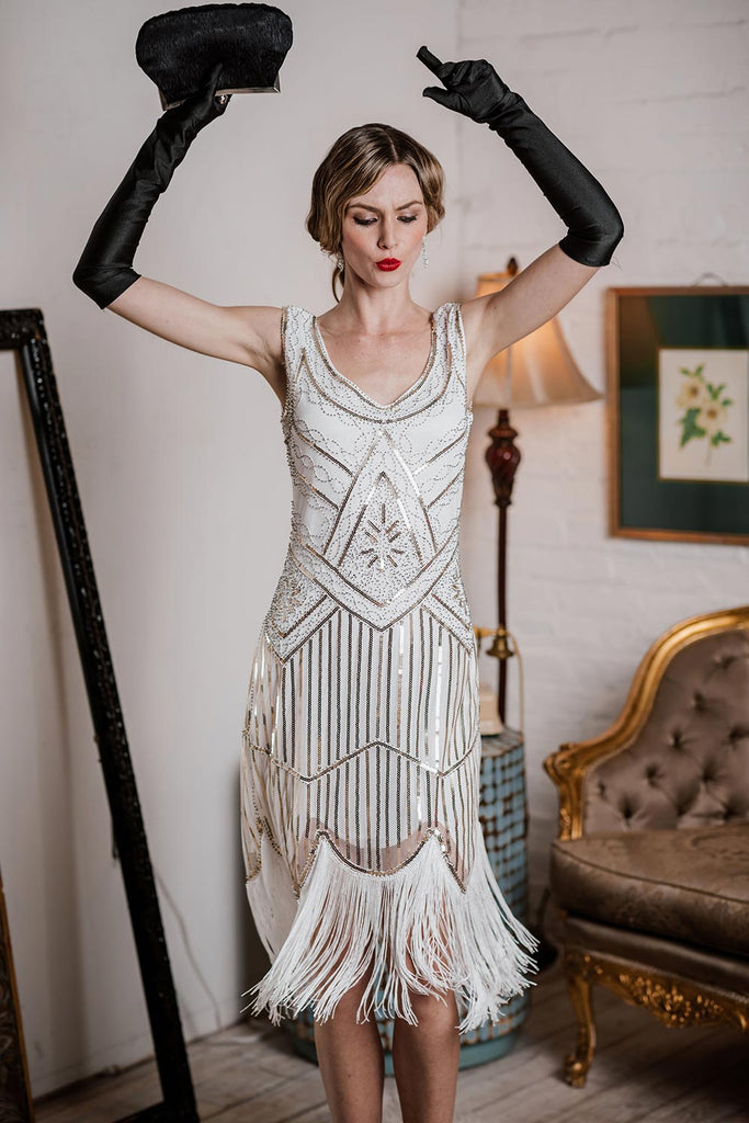 Weiß 1920ER PAILLETTEN FRANSEN FLAPPER KLEID MIT PERLEN