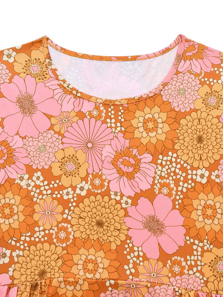 Orange 1960er Hippe Glockenärmel Blumen Kleid