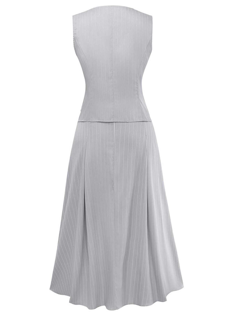 2PCS 1940er Streifen Ärmellos Weste & Midi Rock