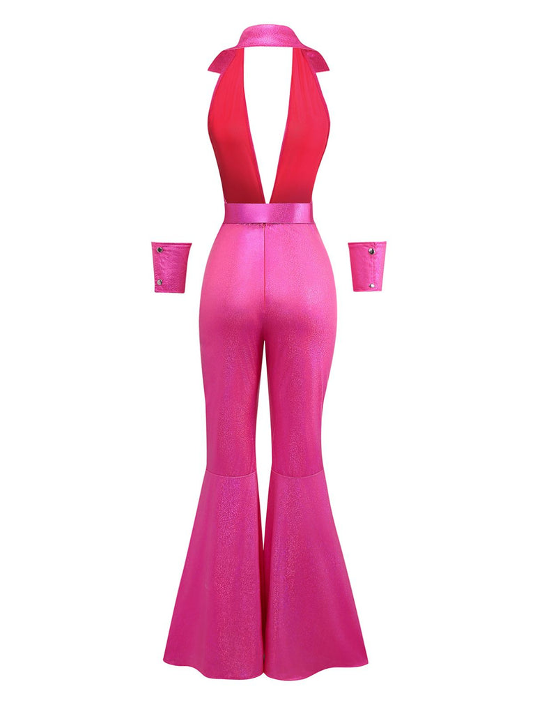 Rosa 1970er Metallisch Tief V-Ausschnitt Disko Jumpsuit