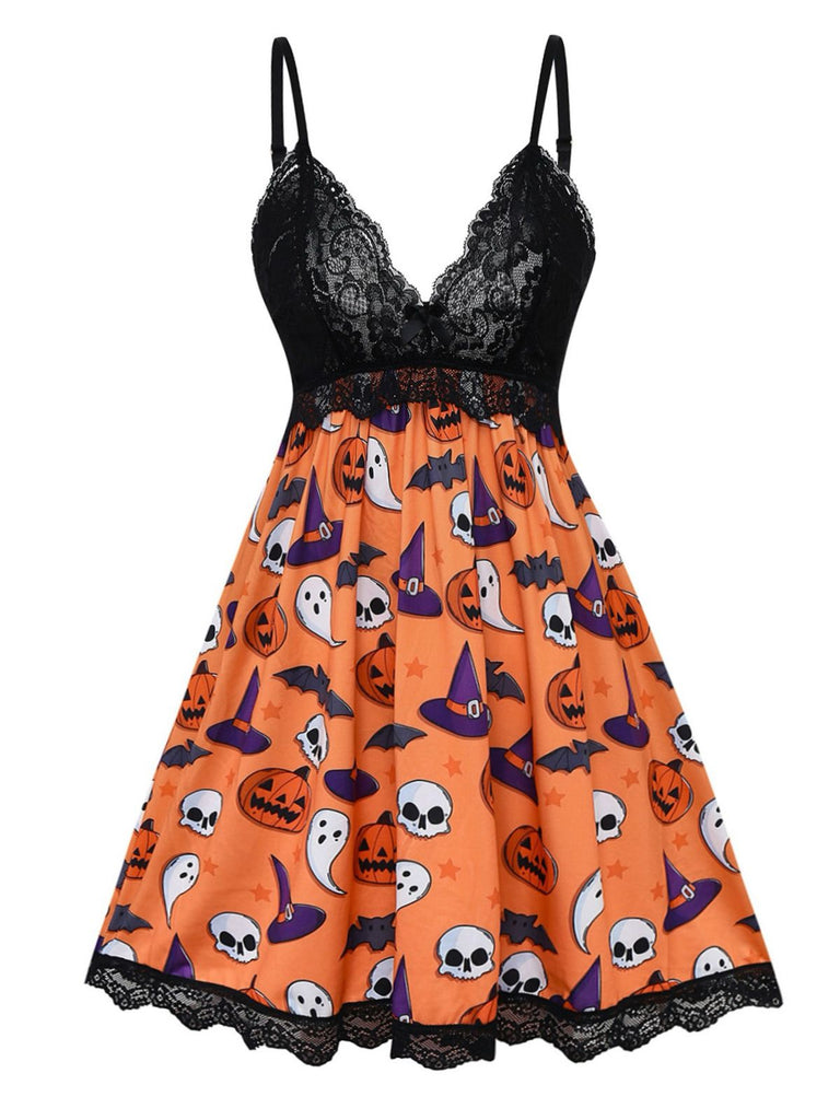 Orange 1960er Halloween Spitze Patchwork Nachtwäsche