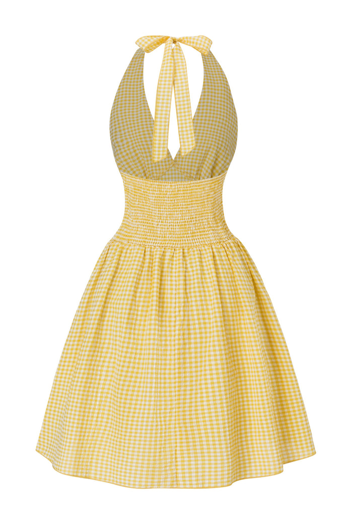 Gelb 1960er Halfter V-Ausschnitt Plaids Kleid