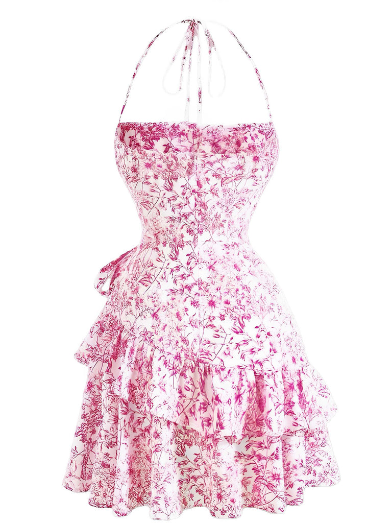 1970er Halter Abgestuft Rüschen Blumen Kleid