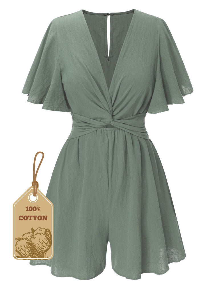 1950er Solide V-Ausschnitt Baumwolle Volantärmel Romper