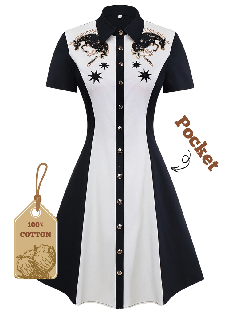 1950er Baumwolle Western-Inspiriert Stickerei House Star Kleid