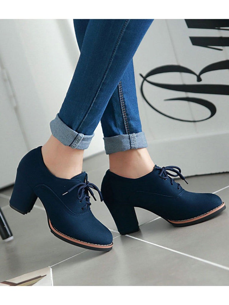 Retro Solide Schnürschuh Dicker Absatz Schuhe