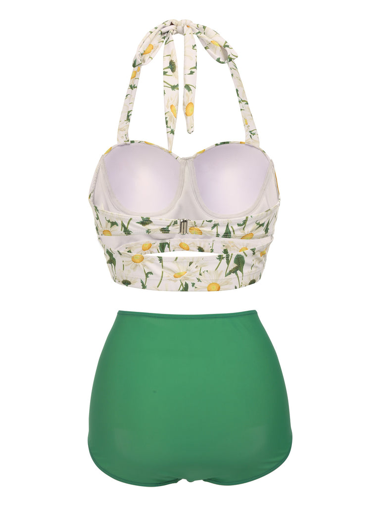 Grün 1950er Gänseblümchen Halter Bikini Set