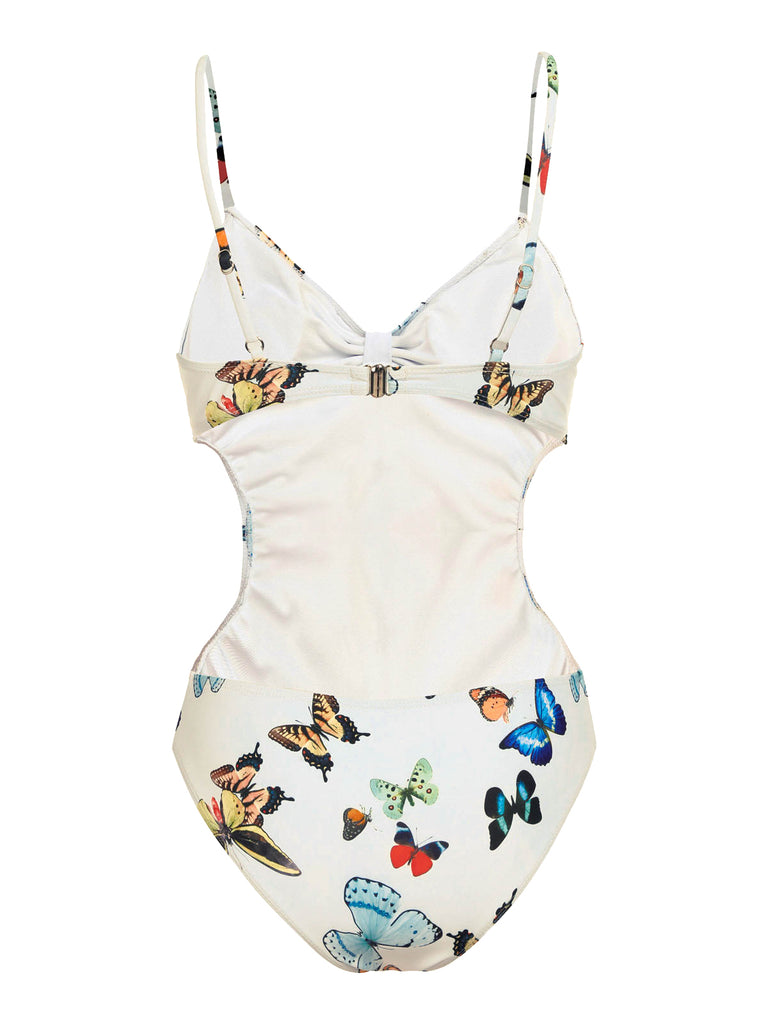 EINTEILIGER BADEANZUG MIT BUTTERFLYS-RIEMEN & ÜBERDECKEROCK