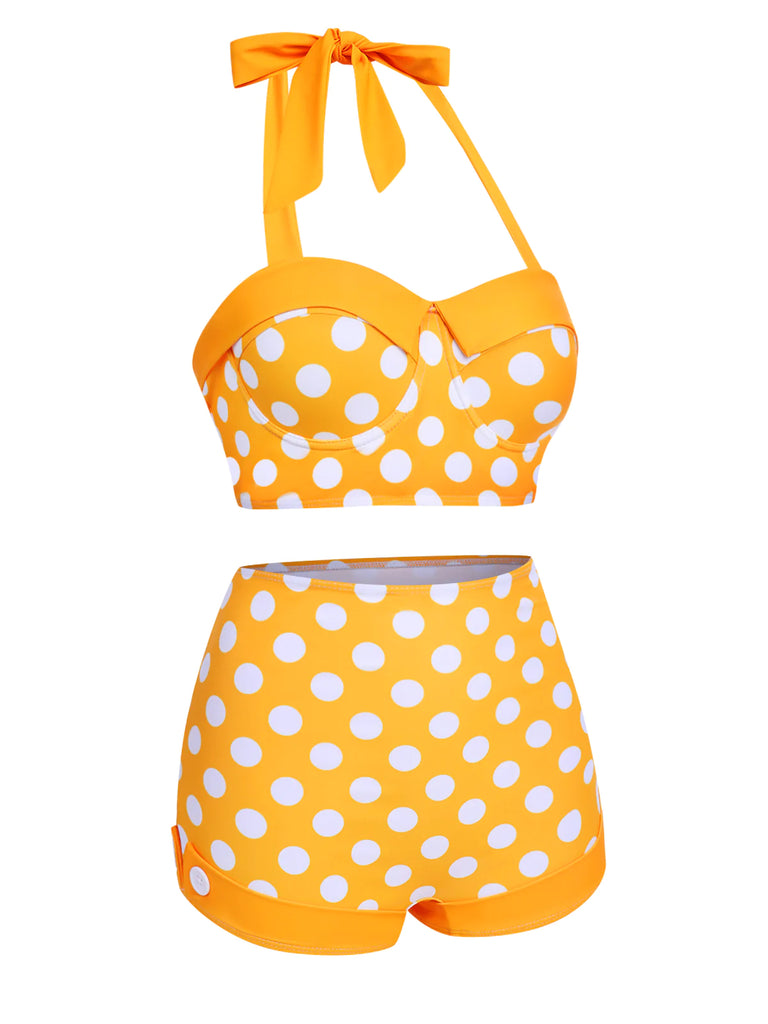 Gelb 1950er Tupfen Halter Bikini Set