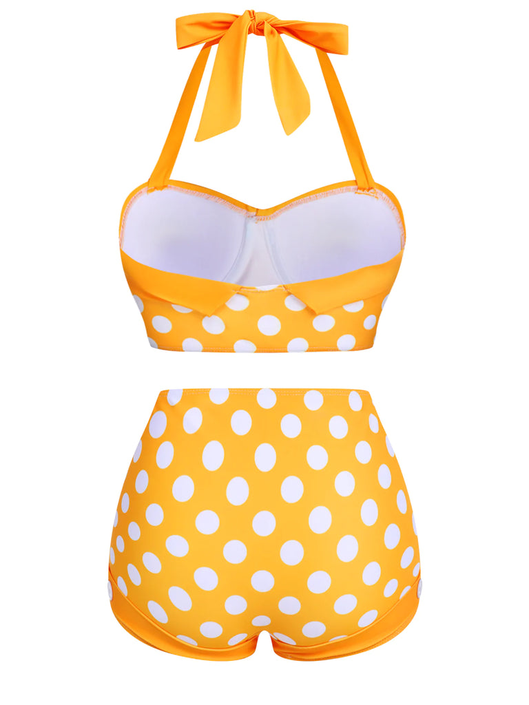 Gelb 1950er Tupfen Halter Bikini Set