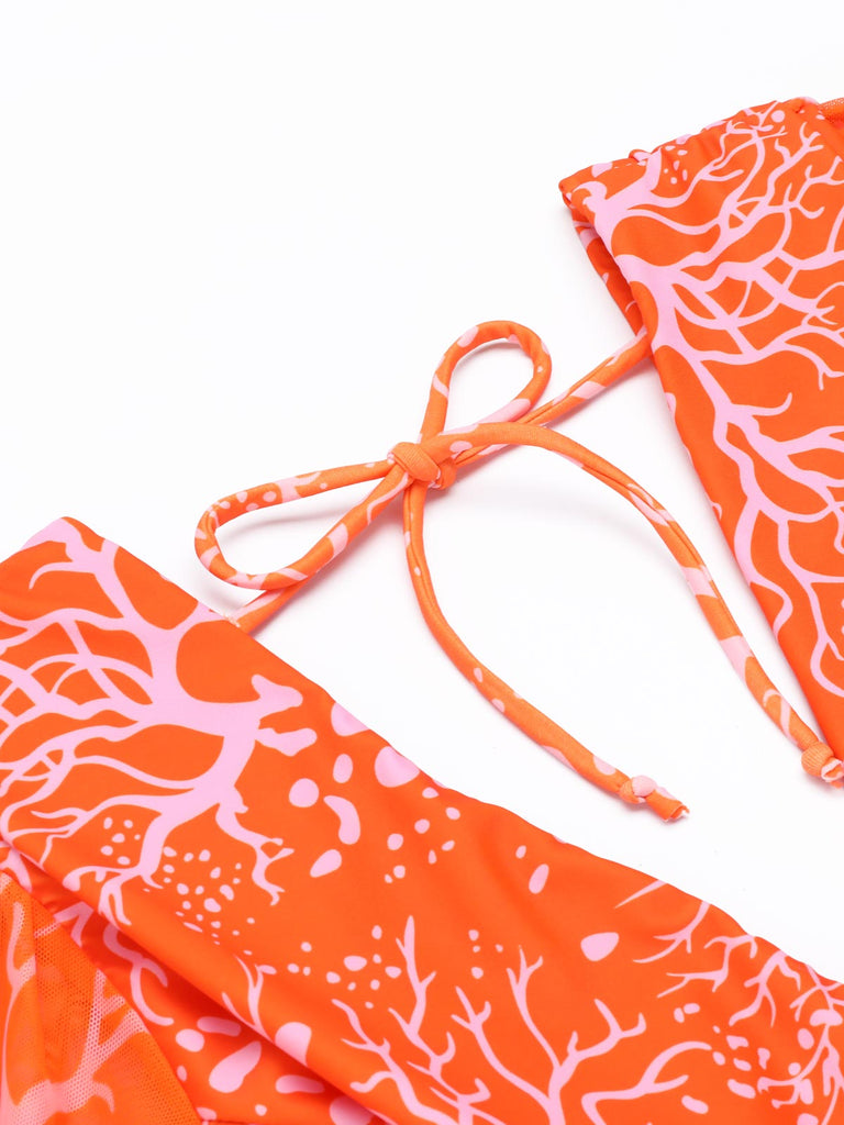 ORANGE BLUMEN-SCHNÜR-EINTEILER-BADEANZUG