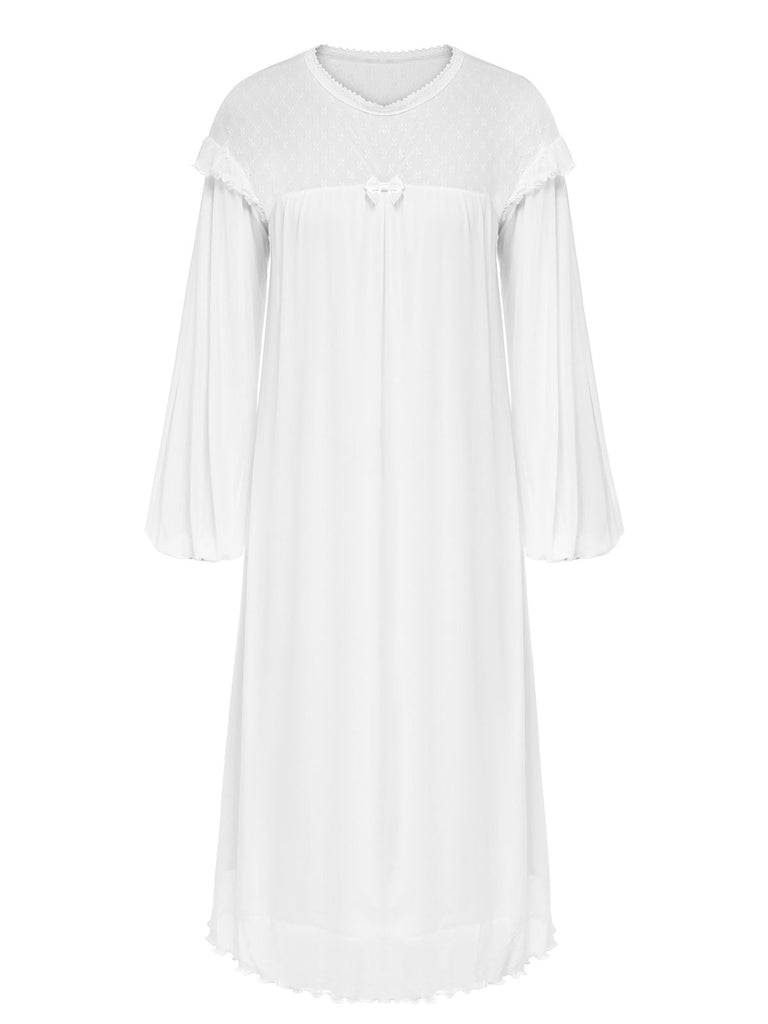 Weiß 1960s Solide Farbe Laternenärmel Nachthemd