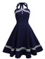 Marineblau 1950er Neckholder Rockabily Swing Kleid