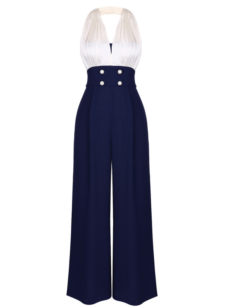 JUMPSUIT MIT NECKHOLDER BLAU UND WEIß