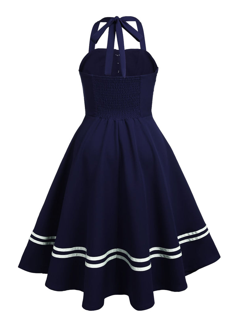 Marineblau 1950er Neckholder Rockabily Swing Kleid