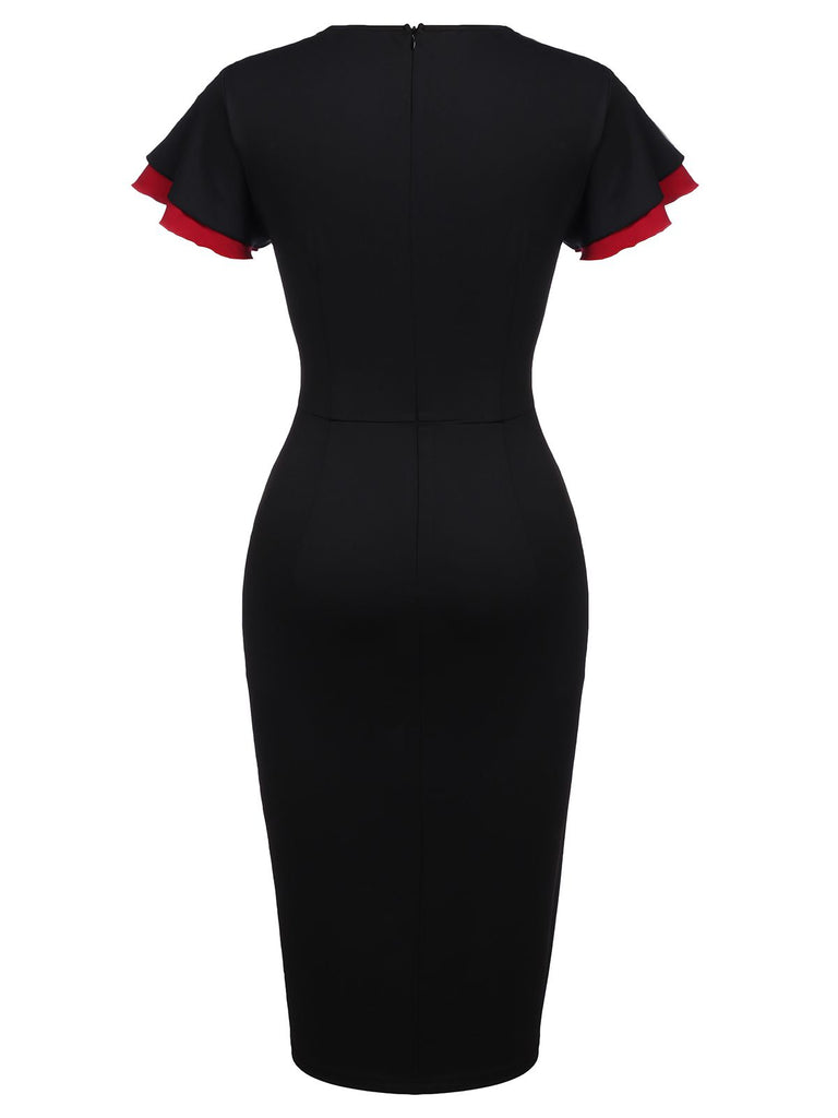 Schwarz 1960er Kurzarm V-Ausschnitt Pencil Kleid