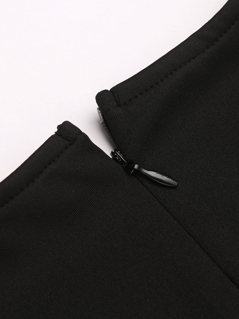 Schwarz 1960er Kurzarm V-Ausschnitt Pencil Kleid