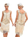 Beige 1920er V-Ausschnitt Paillettenbesetztes Mesh kleid