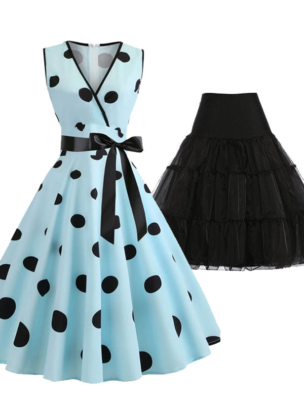 2PCS BLAU DOT 1950ER KLEID  & SCHWARZ UNTERROCK