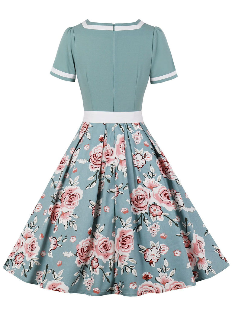 Blau 1950er Floral Patchwork Swing Kleid