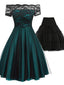 2PCS DUNKELGRÜN SCHULTERFREI KLEID & SCHWARZ UNTERROCK
