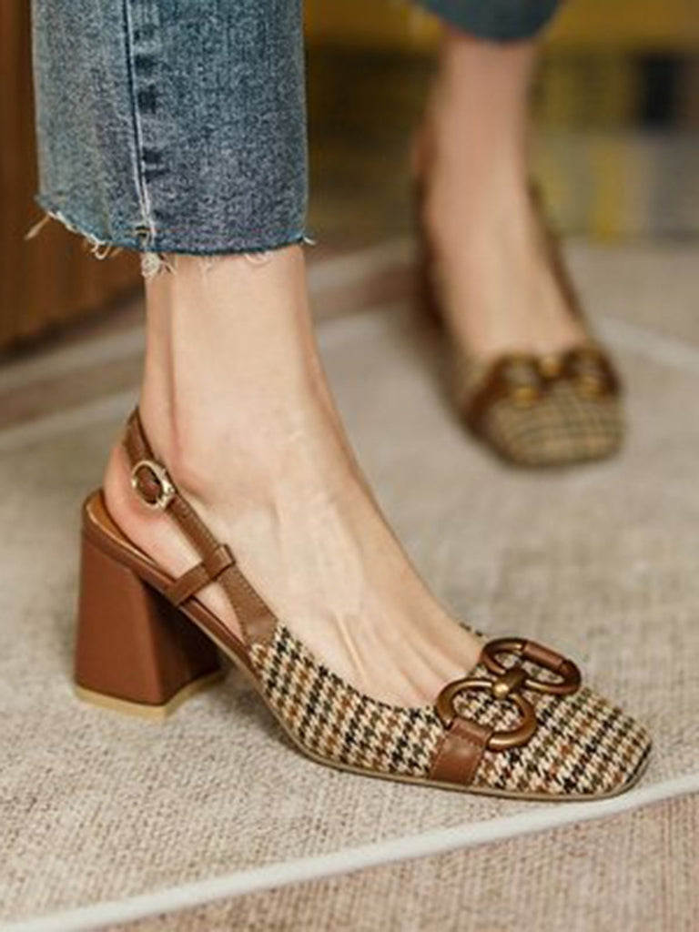 RETRO COFFEE PLAID DICKE HIGH HEELS SCHUHE