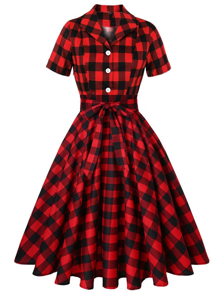 Rot 1950er Plaid Bogen Swing Kleid