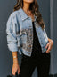Blau Jeansjacke Oberteil Mit Leopardenmuster